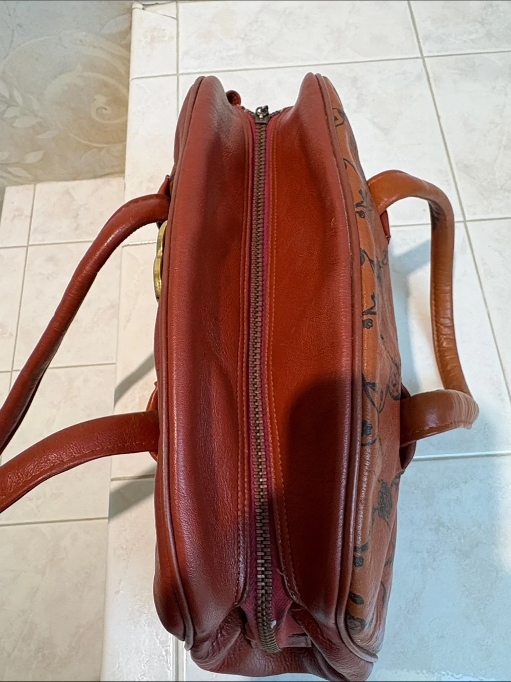 Oleg Cassini Vintage Logo Brown Two Tone Leather Satchel Handbag